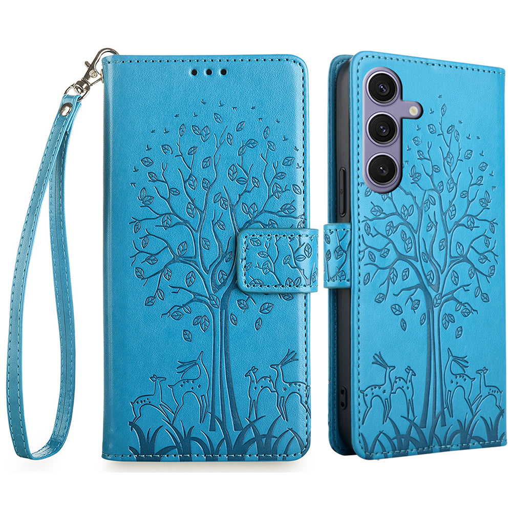 For Samsung Galaxy S24+ Case Deer Tree Pattern Leather Flip Wallet Card Slots Phone Cover