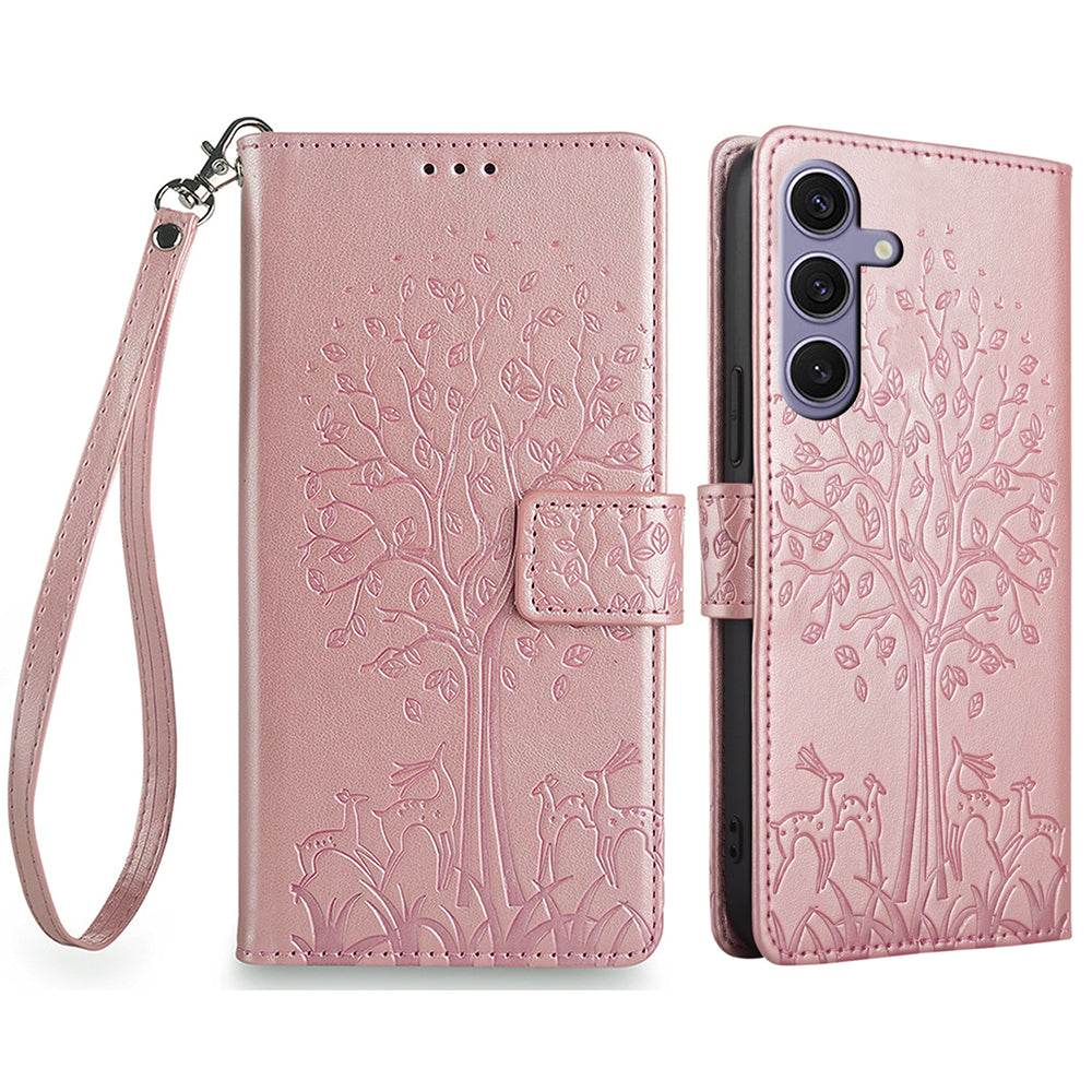 For Samsung Galaxy S24+ Case Deer Tree Pattern Leather Flip Wallet Card Slots Phone Cover