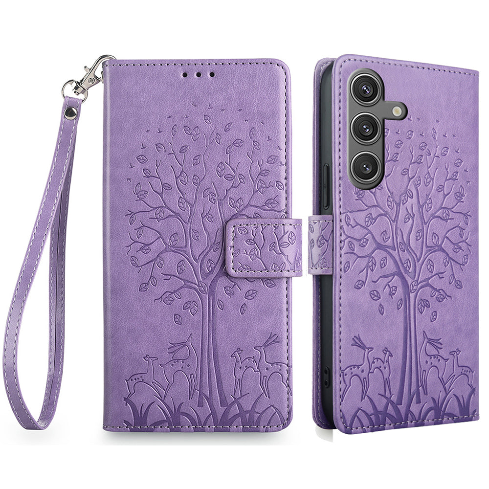 For Samsung Galaxy S24 Case Deer Tree Pattern Leather Wallet Flip Phone Cover