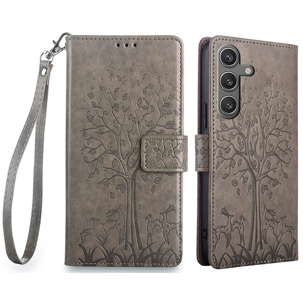 For Samsung Galaxy S24 Case Deer Tree Pattern Leather Wallet Flip Phone Cover