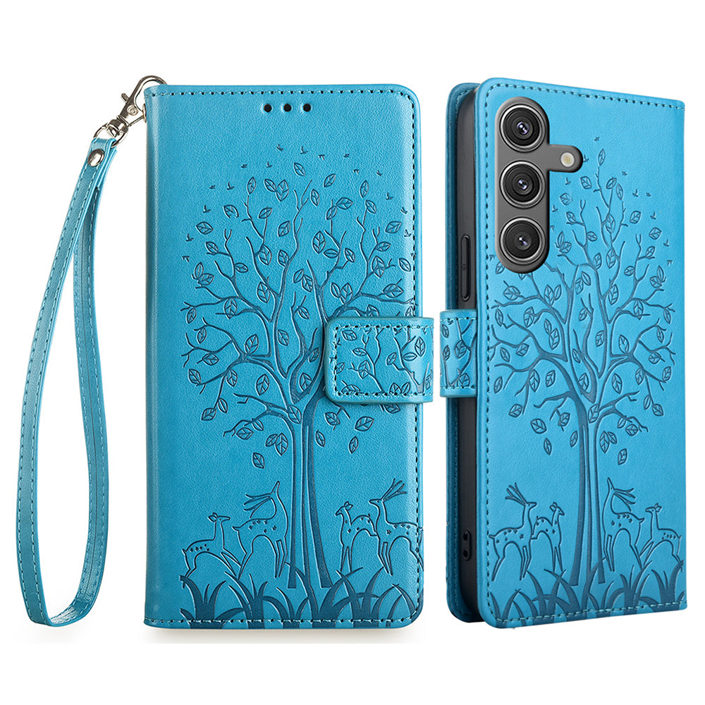 For Samsung Galaxy S24 Case Deer Tree Pattern Leather Wallet Flip Phone Cover
