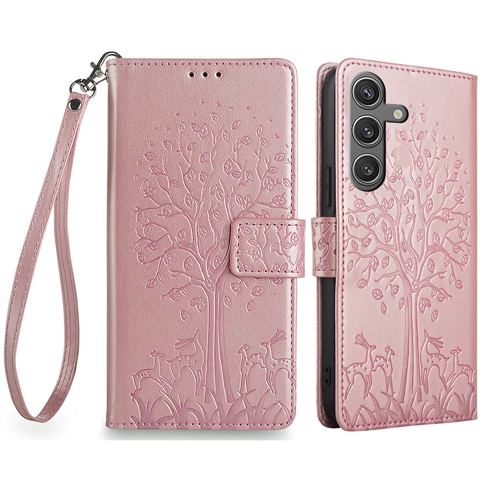 For Samsung Galaxy S24 Case Deer Tree Pattern Leather Wallet Flip Phone Cover
