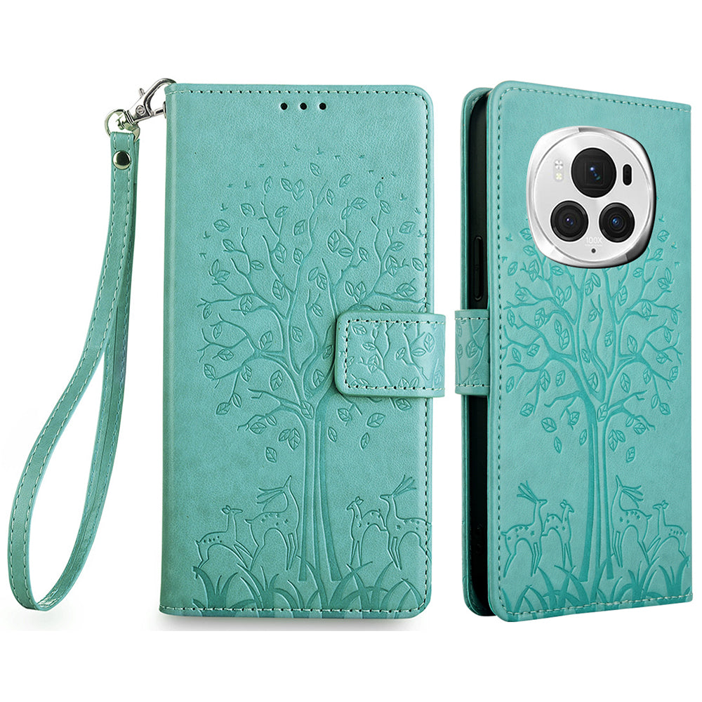 For Honor Magic6 Pro 5G Leather Case Deer Tree Pattern Wallet Cell Phone Cover