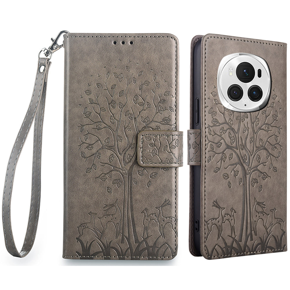 For Honor Magic6 Pro 5G Leather Case Deer Tree Pattern Wallet Cell Phone Cover