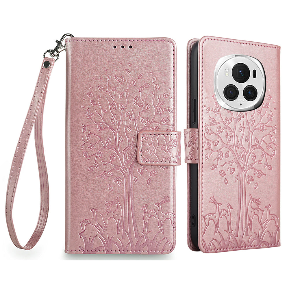 For Honor Magic6 Pro 5G Leather Case Deer Tree Pattern Wallet Cell Phone Cover