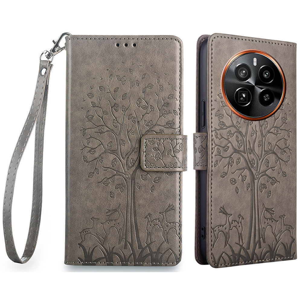 For Realme GT5 Pro 5G Case Deer Tree Imprinted PU Leather Flip Wallet Phone Cover