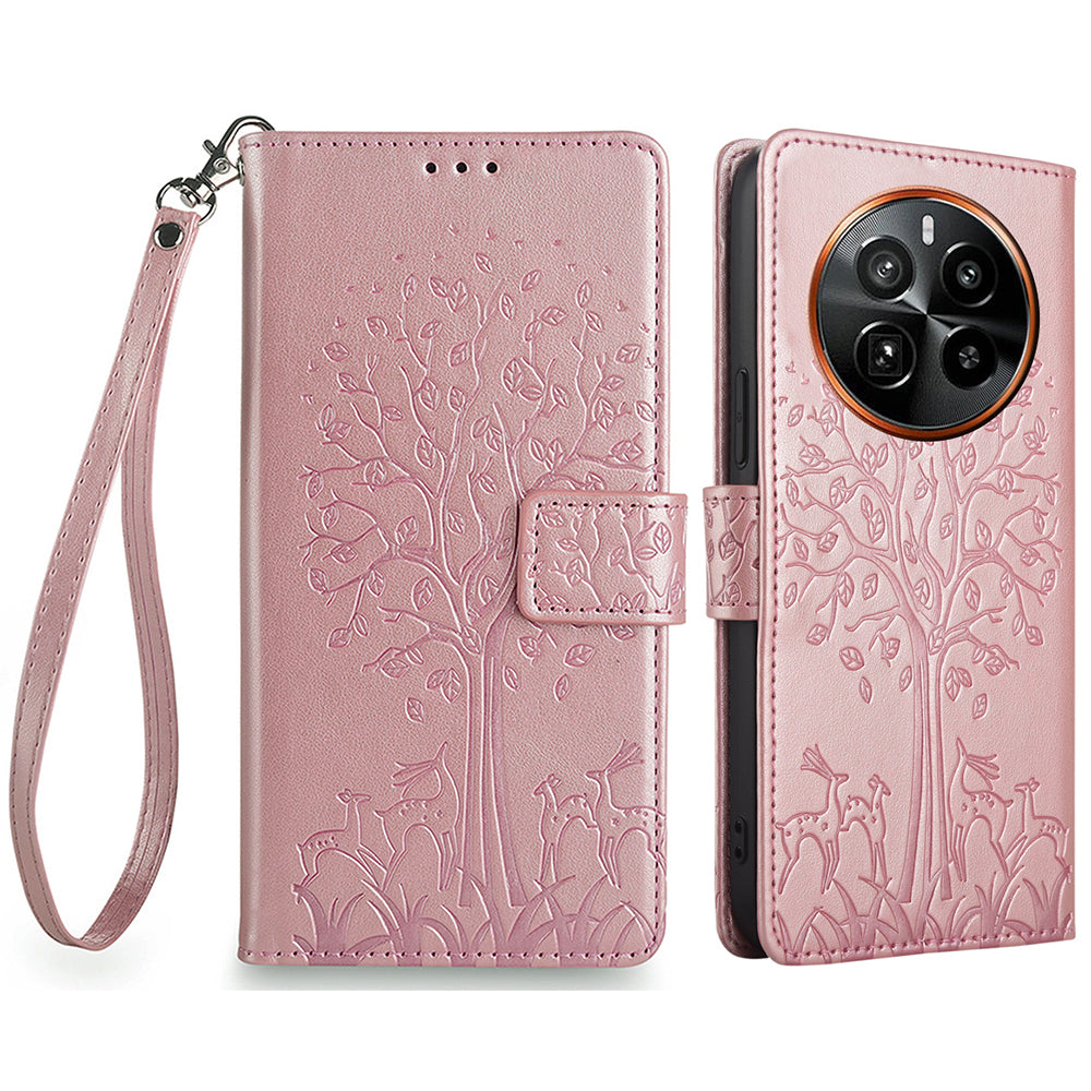 For Realme GT5 Pro 5G Case Deer Tree Imprinted PU Leather Flip Wallet Phone Cover