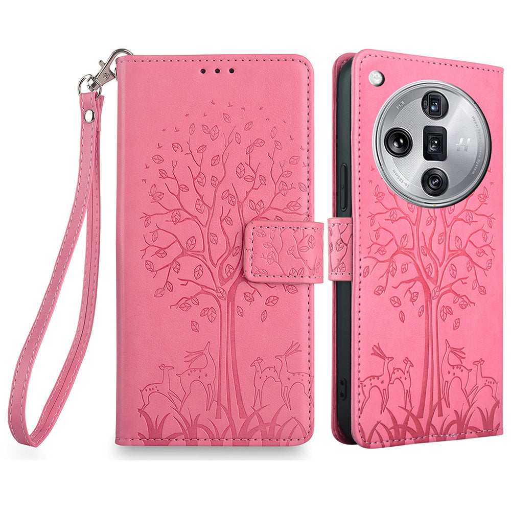 For Oppo Find X7 Ultra Leather Case with Strap Deer Tree Pattern Phone Wallet Cover