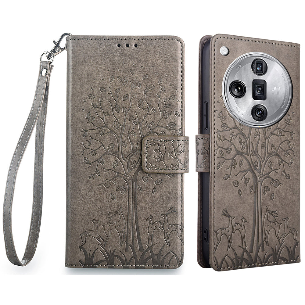 For Oppo Find X7 Ultra Leather Case with Strap Deer Tree Pattern Phone Wallet Cover