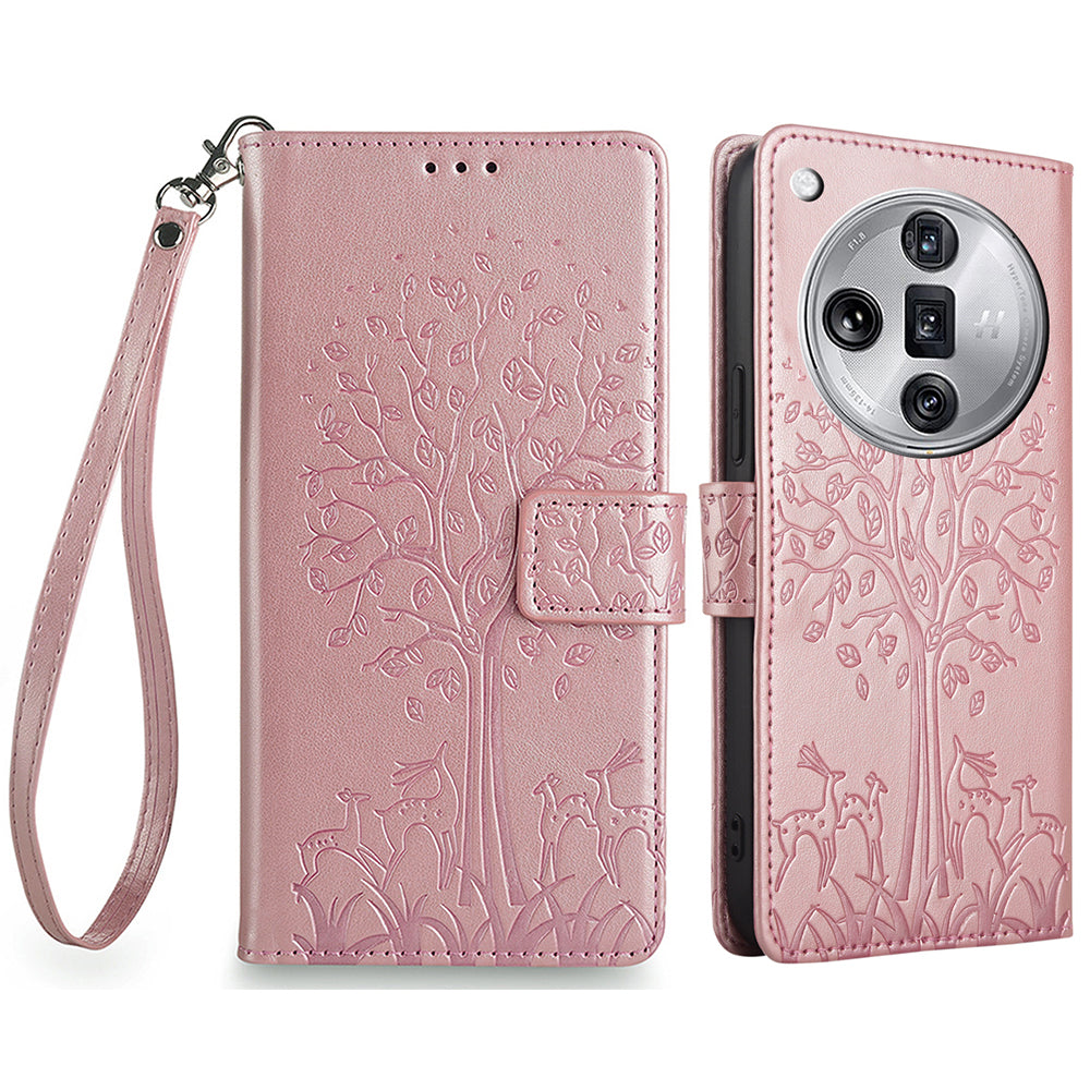 For Oppo Find X7 Ultra Leather Case with Strap Deer Tree Pattern Phone Wallet Cover