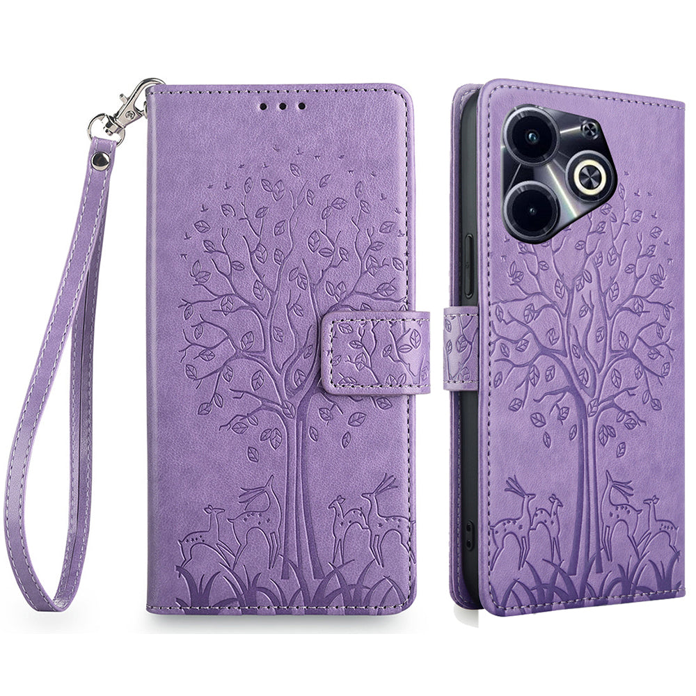 For Transsion Infinix Hot 40i Phone Case Deer Tree Pattern Card Slots Cover with Wrist Strap