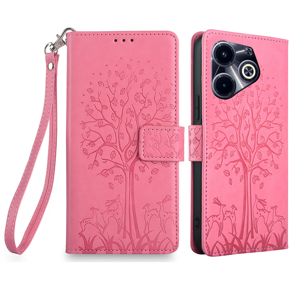 For Transsion Infinix Hot 40i Phone Case Deer Tree Pattern Card Slots Cover with Wrist Strap
