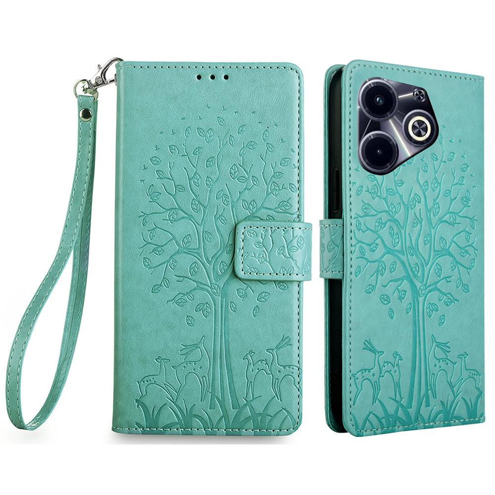 For Transsion Infinix Hot 40i Phone Case Deer Tree Pattern Card Slots Cover with Wrist Strap