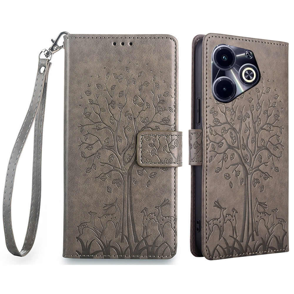 For Transsion Infinix Hot 40i Phone Case Deer Tree Pattern Card Slots Cover with Wrist Strap