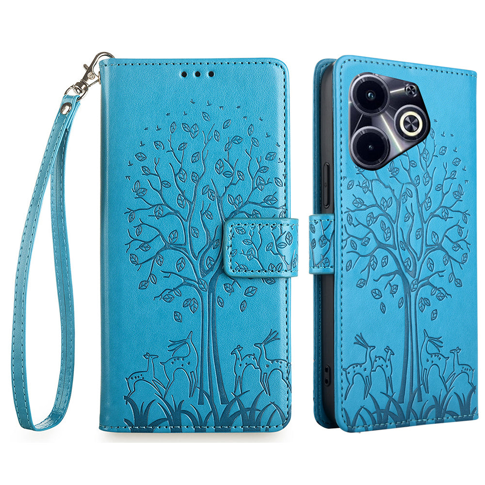 For Transsion Infinix Hot 40i Phone Case Deer Tree Pattern Card Slots Cover with Wrist Strap