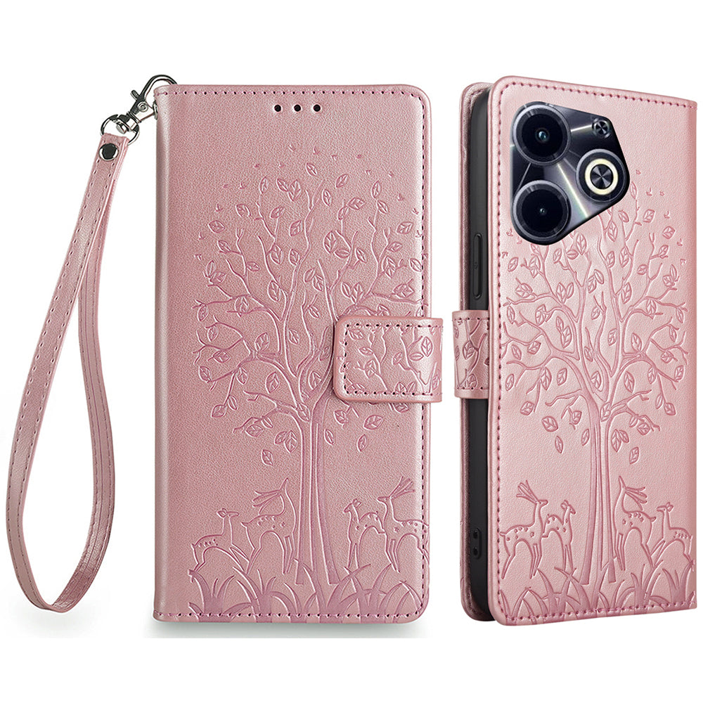 For Transsion Infinix Hot 40i Phone Case Deer Tree Pattern Card Slots Cover with Wrist Strap