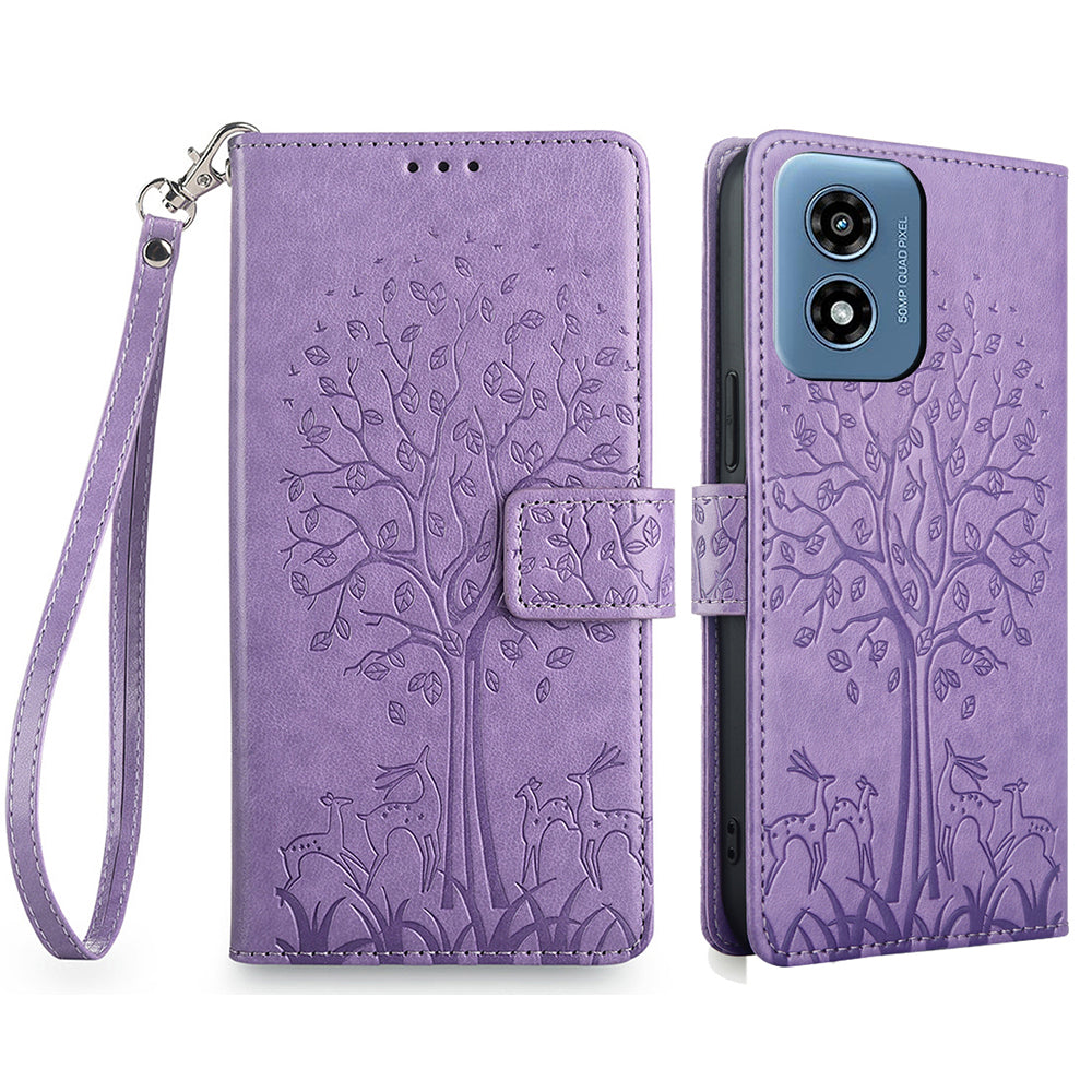 For Motorola Moto G Play (2024) 4G Wallet Phone Case Deer Tree Imprinted PU Leather Flip Cover