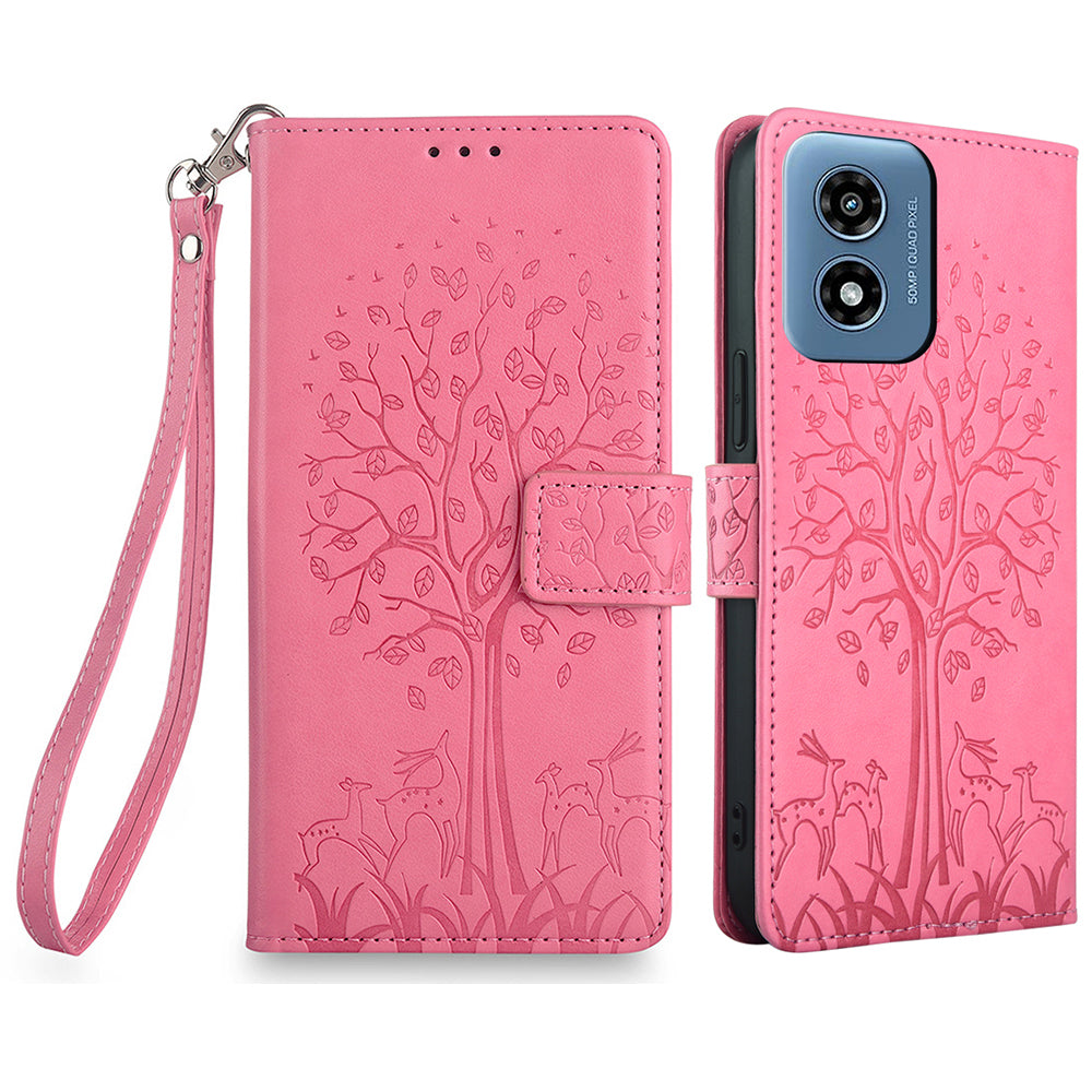 For Motorola Moto G Play (2024) 4G Wallet Phone Case Deer Tree Imprinted PU Leather Flip Cover