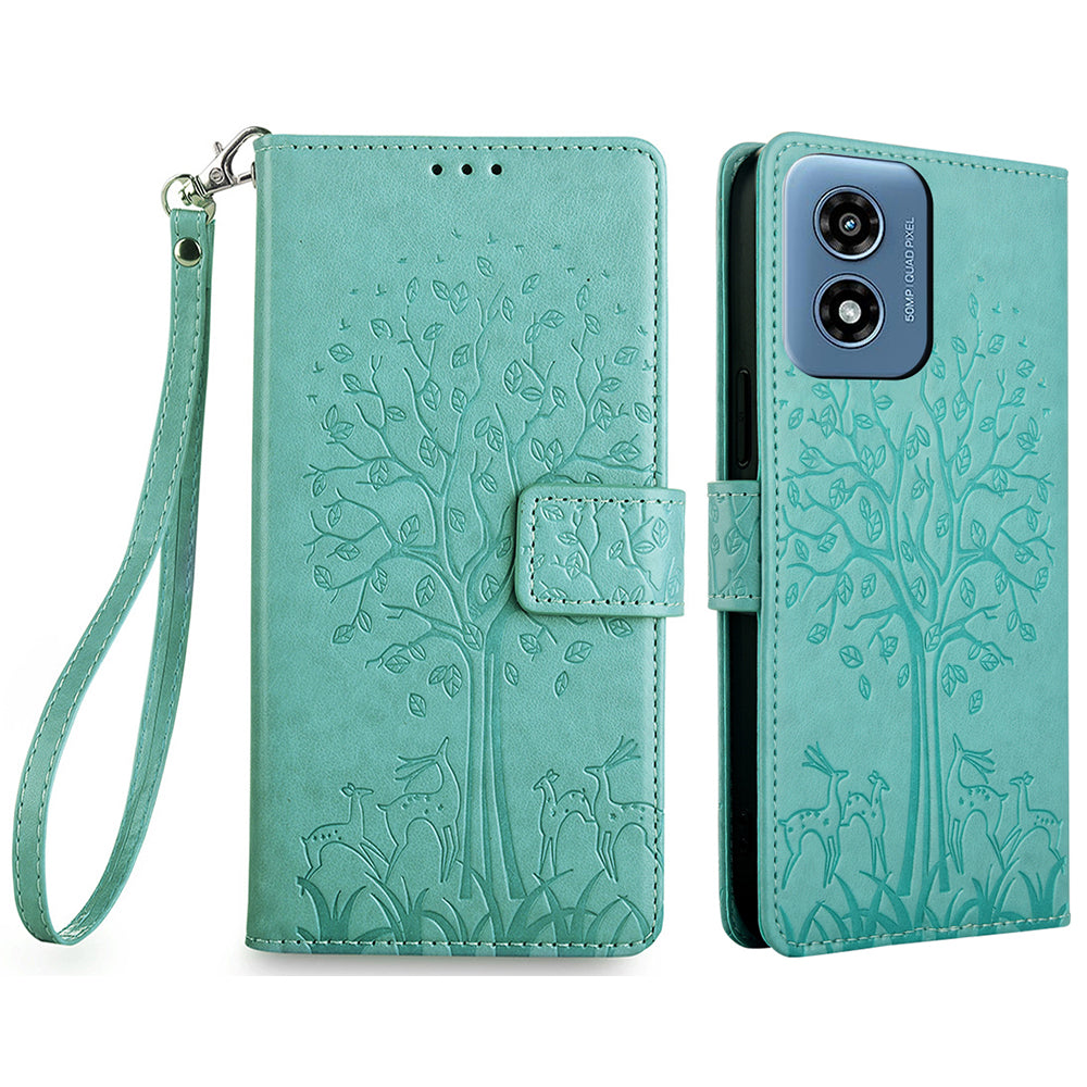For Motorola Moto G Play (2024) 4G Wallet Phone Case Deer Tree Imprinted PU Leather Flip Cover