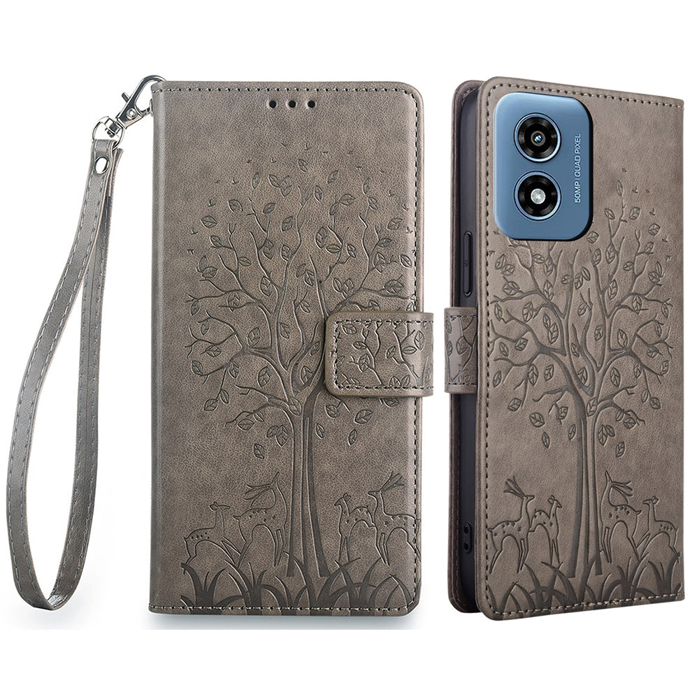For Motorola Moto G Play (2024) 4G Wallet Phone Case Deer Tree Imprinted PU Leather Flip Cover