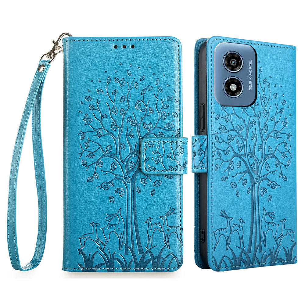For Motorola Moto G Play (2024) 4G Wallet Phone Case Deer Tree Imprinted PU Leather Flip Cover