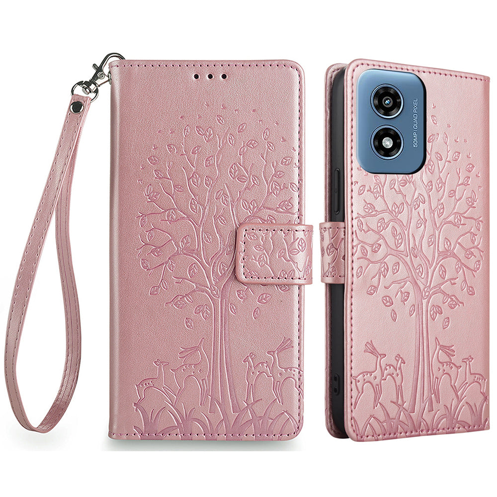 For Motorola Moto G Play (2024) 4G Wallet Phone Case Deer Tree Imprinted PU Leather Flip Cover