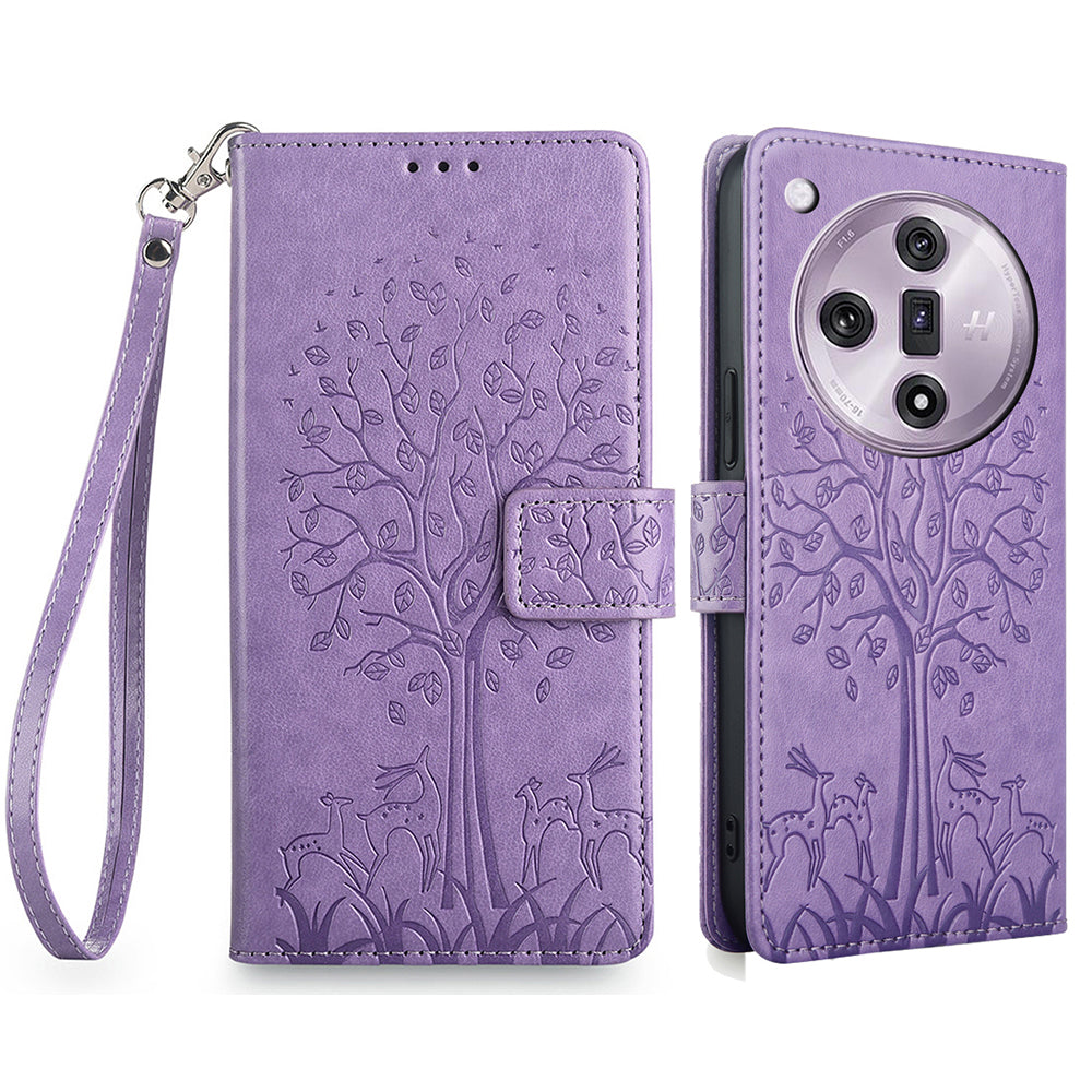 For Oppo Find X7 5G Magnetic Case with Hand Strap Deer Tree Pattern Phone Cover