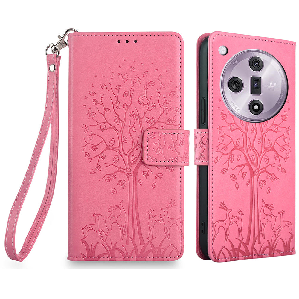 For Oppo Find X7 5G Magnetic Case with Hand Strap Deer Tree Pattern Phone Cover