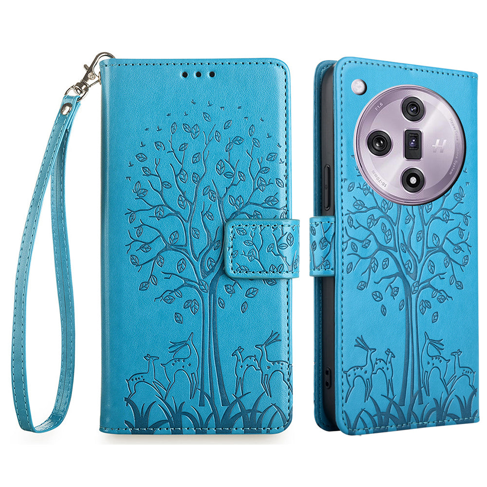 For Oppo Find X7 5G Magnetic Case with Hand Strap Deer Tree Pattern Phone Cover