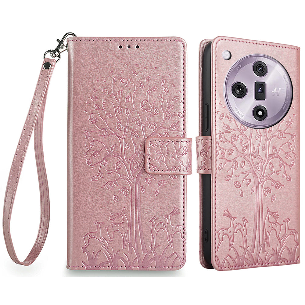 For Oppo Find X7 5G Magnetic Case with Hand Strap Deer Tree Pattern Phone Cover