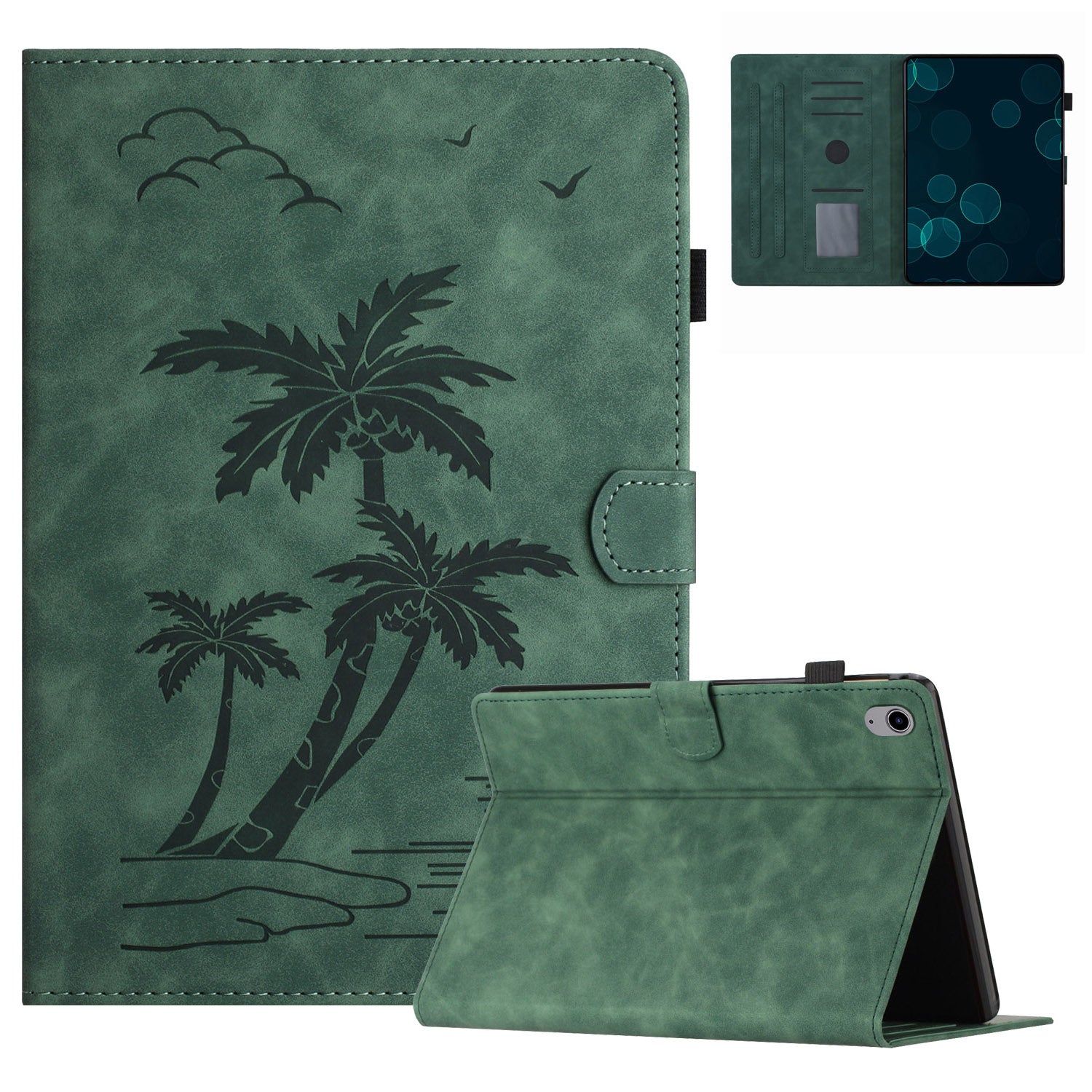 For iPad 10.9 (2022) Stand Case Card Holder Coconut Tree Imprinted Leather Tablet Cover