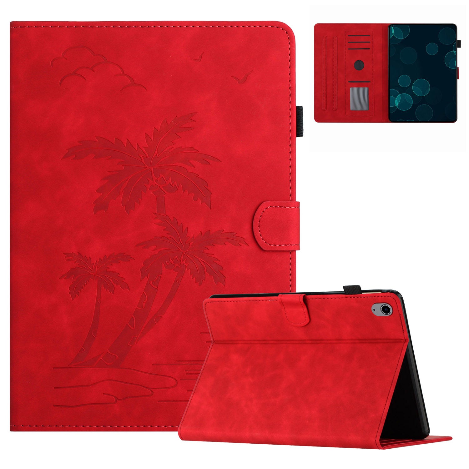For iPad 10.9 (2022) Stand Case Card Holder Coconut Tree Imprinted Leather Tablet Cover