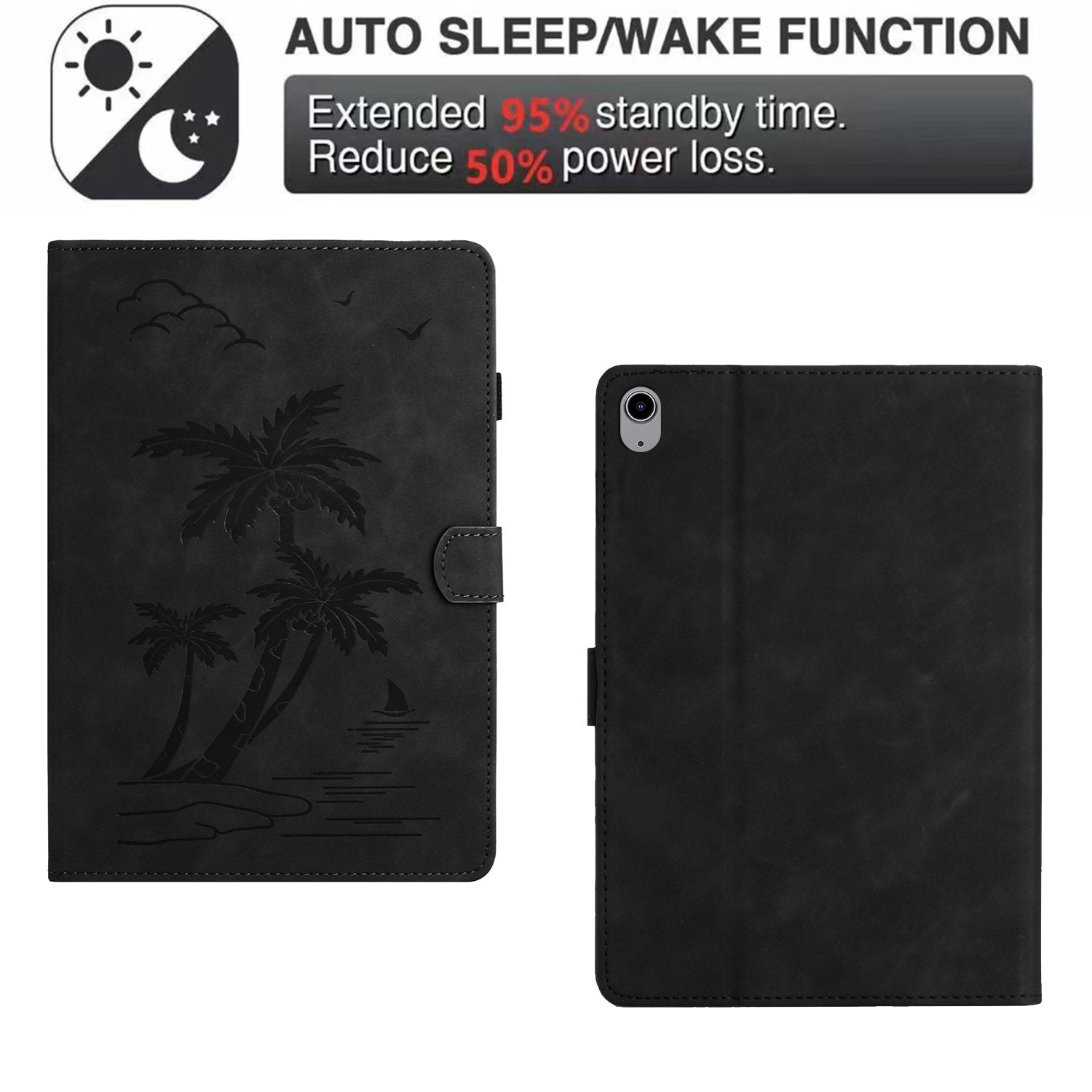 For iPad mini (2021) Smart Case PU Leather Coconut Tree Imprinted Tablet Cover with Card Holder