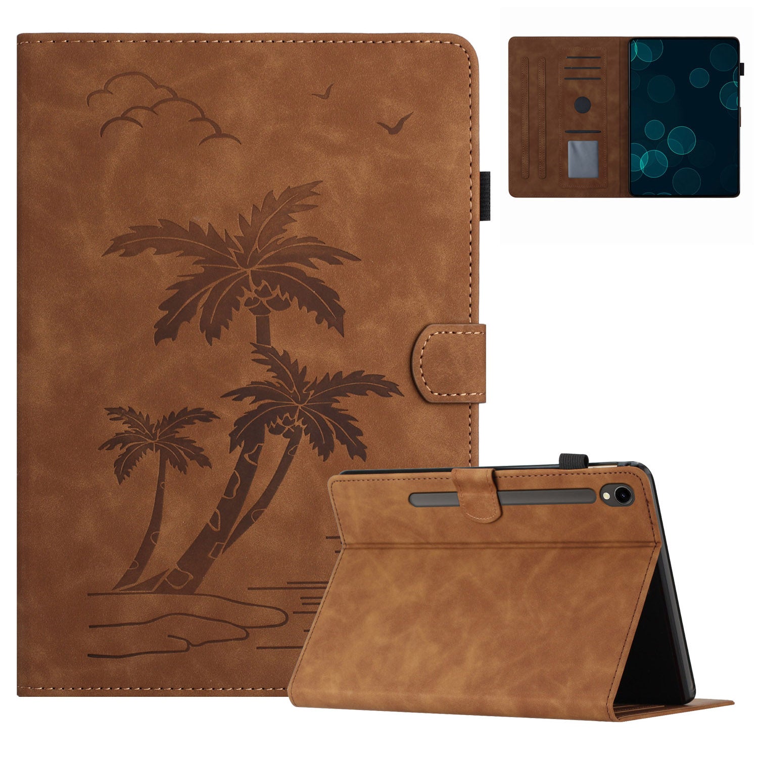 For Samsung Galaxy Tab S9 (X710 X716B X718U) / S9 FE (X510 / X516B) Card Holder Case Coconut Tree Imprinted Leather Tablet Cover