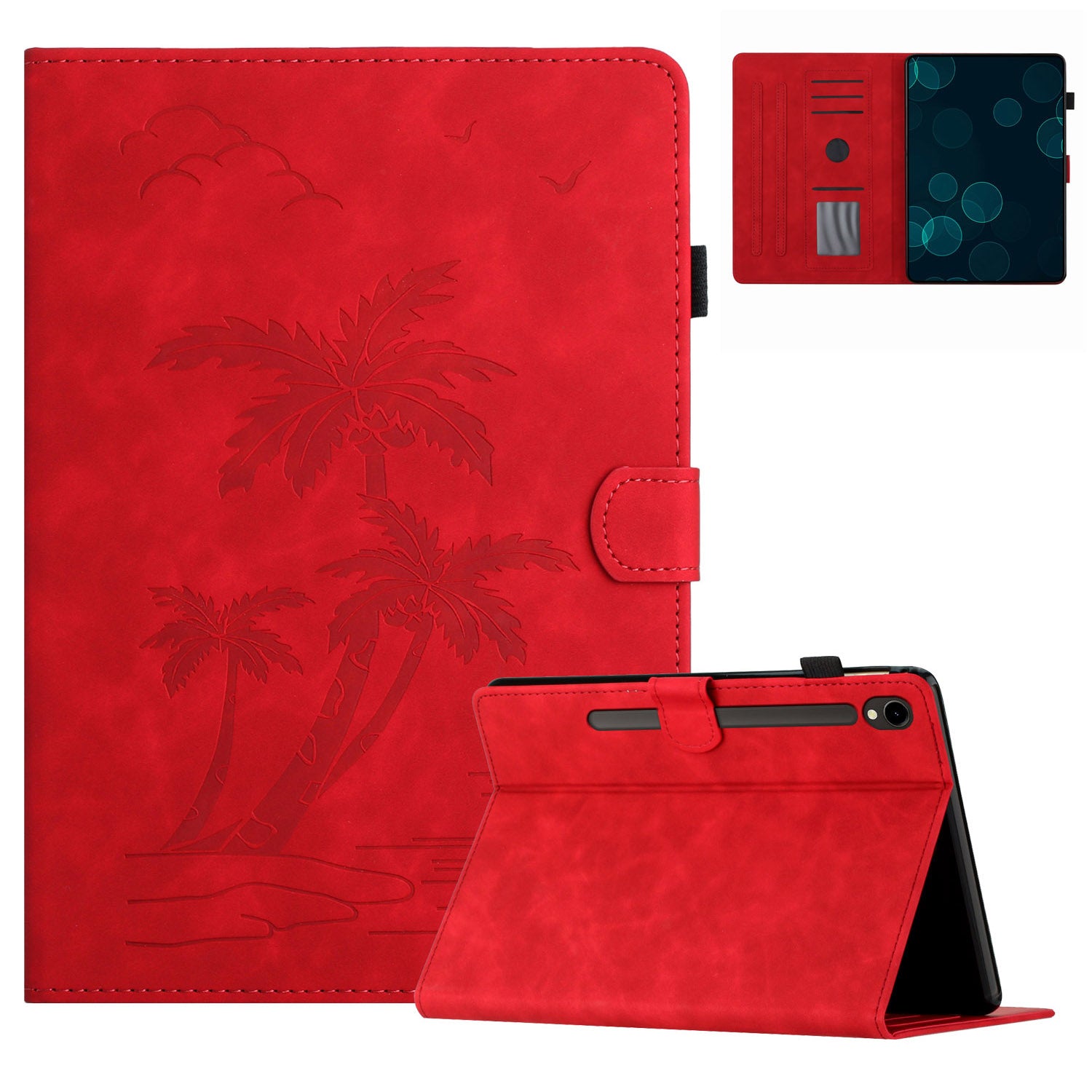 For Samsung Galaxy Tab S9 (X710 X716B X718U) / S9 FE (X510 / X516B) Card Holder Case Coconut Tree Imprinted Leather Tablet Cover