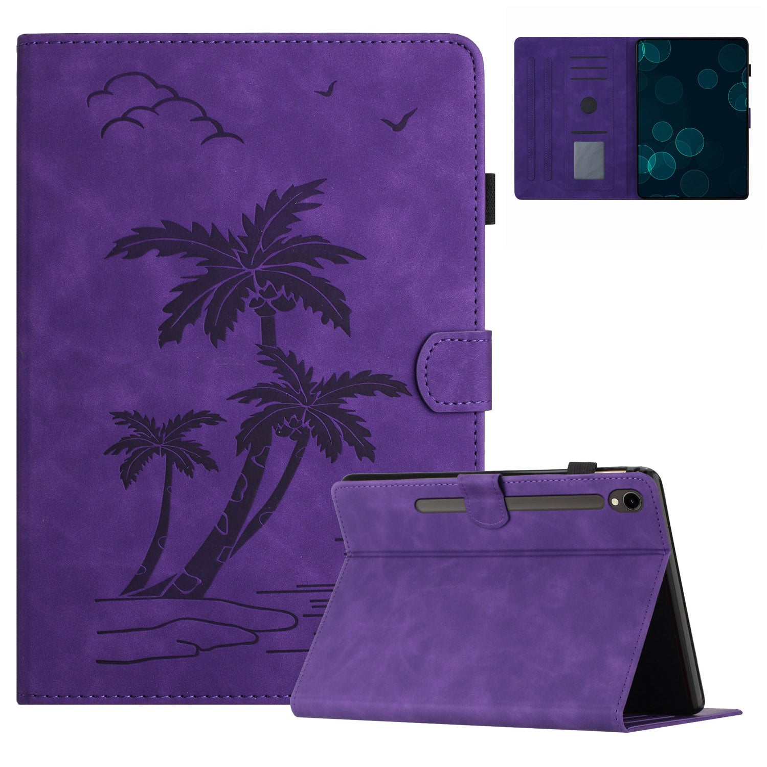 For Samsung Galaxy Tab S9 (X710 X716B X718U) / S9 FE (X510 / X516B) Card Holder Case Coconut Tree Imprinted Leather Tablet Cover