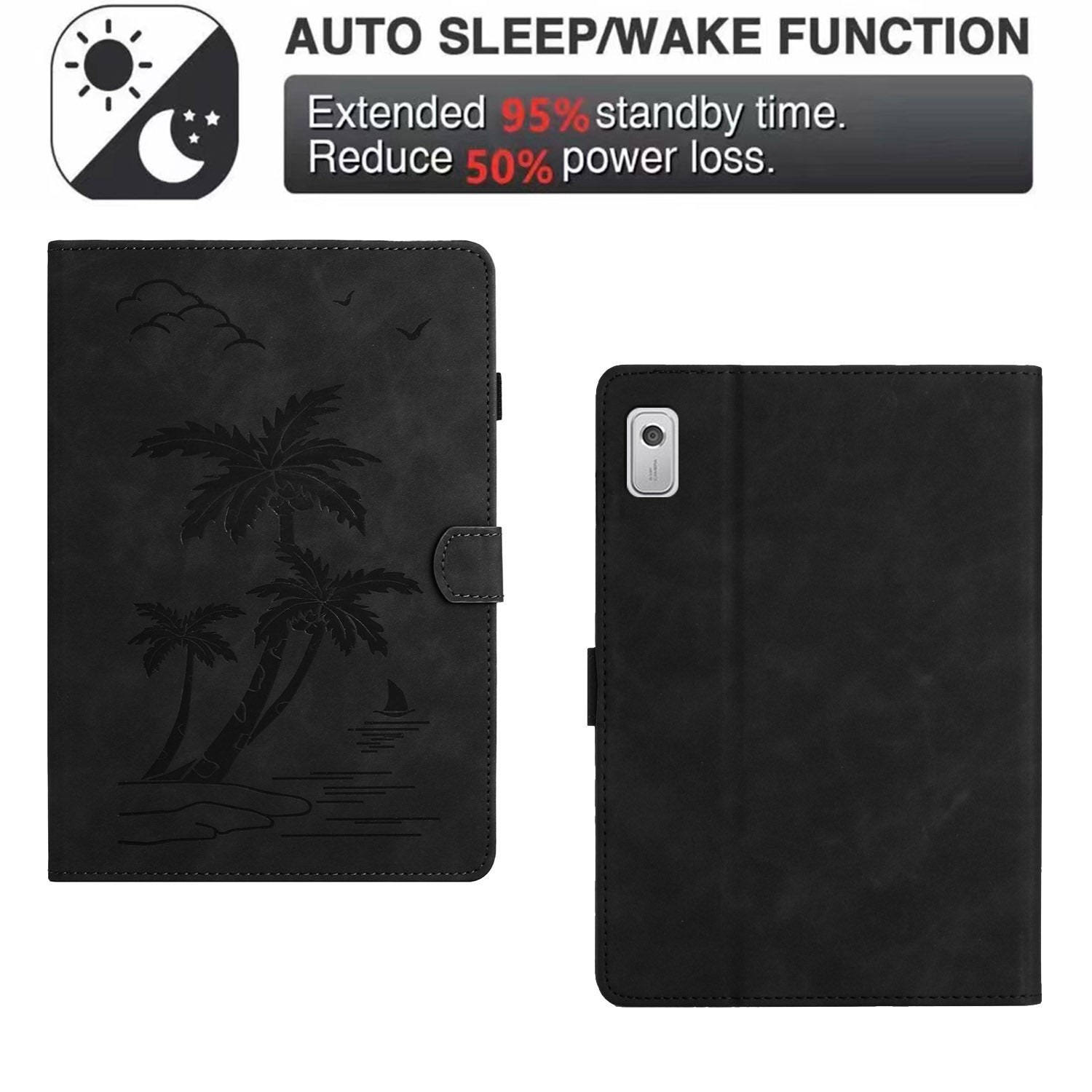 For Lenovo Tab M9 TB-310FU Case Card Slots PU Leather Coconut Tree Imprinted Tablet Cover Auto Wake / Sleep