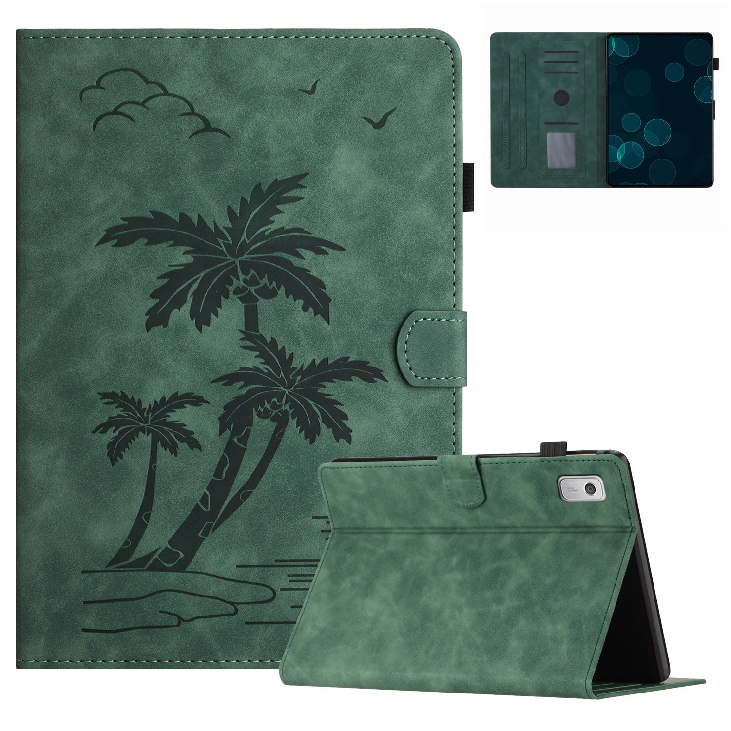 For Lenovo Tab M9 TB-310FU Case Card Slots PU Leather Coconut Tree Imprinted Tablet Cover Auto Wake / Sleep