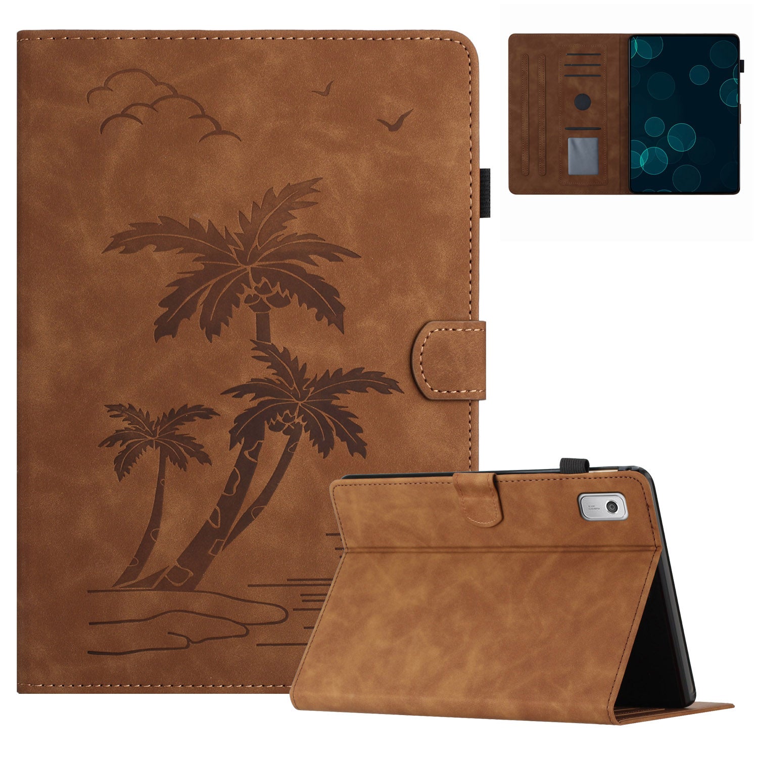 For Lenovo Tab M9 TB-310FU Case Card Slots PU Leather Coconut Tree Imprinted Tablet Cover Auto Wake / Sleep
