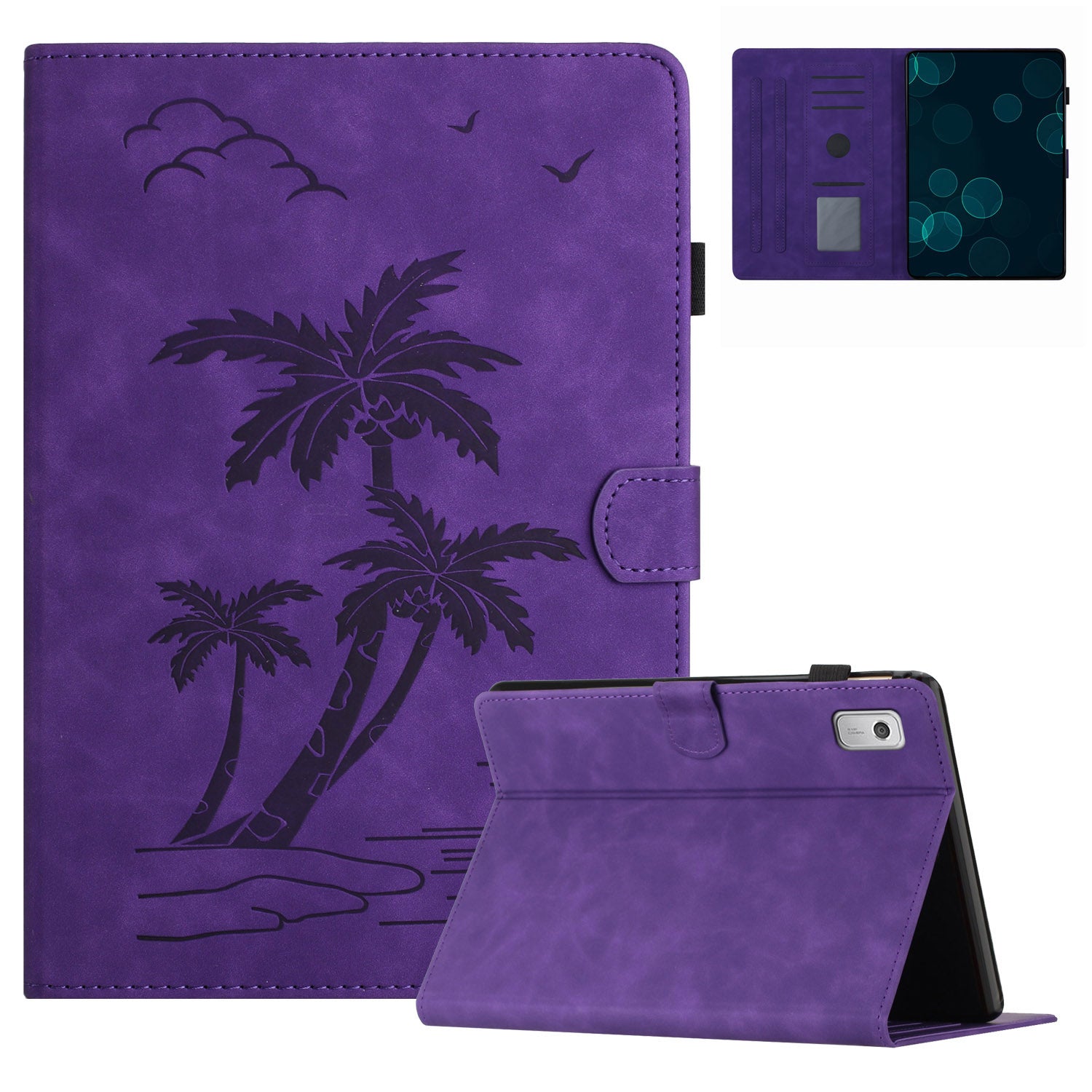 For Lenovo Tab M9 TB-310FU Case Card Slots PU Leather Coconut Tree Imprinted Tablet Cover Auto Wake / Sleep