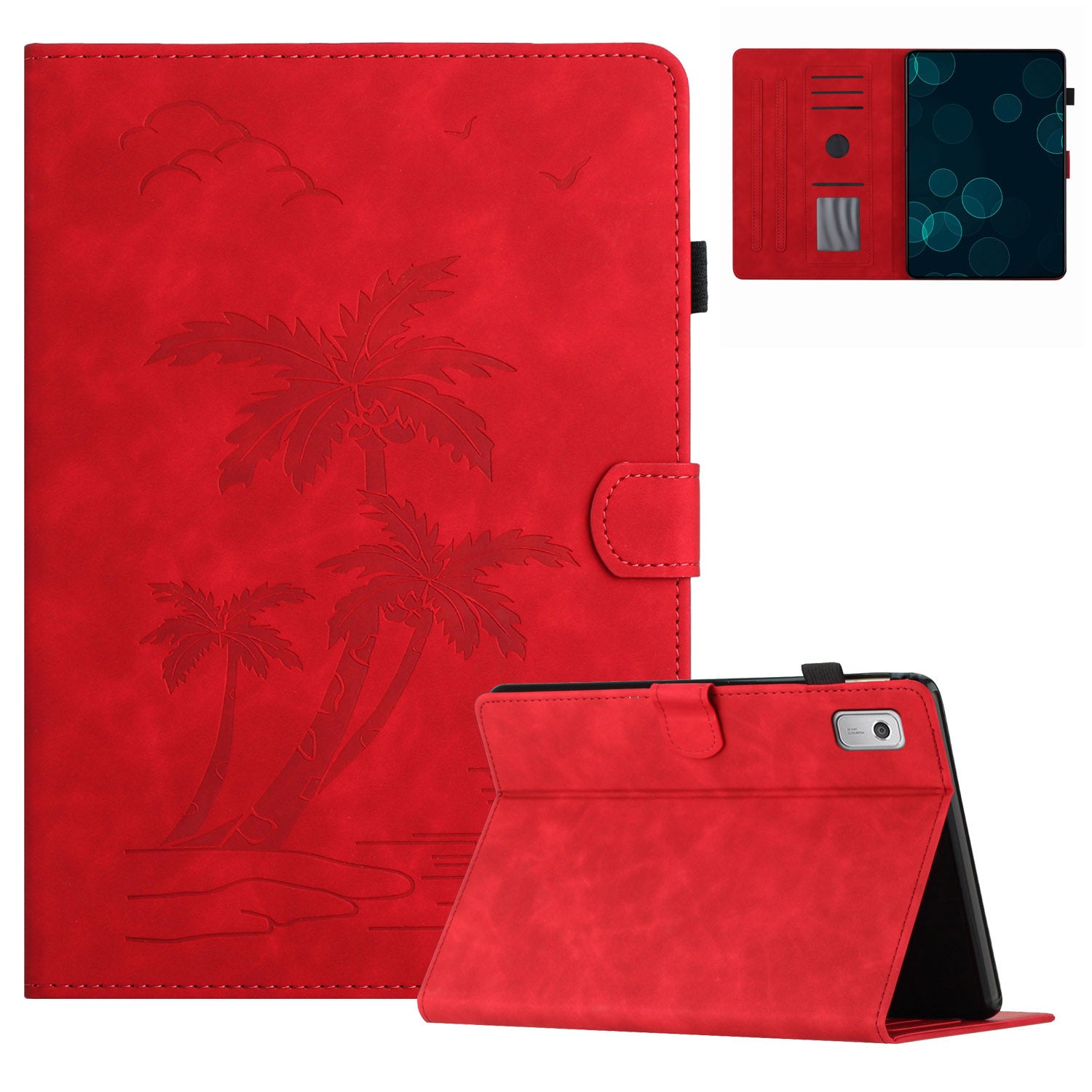 For Lenovo Tab M9 TB-310FU Case Card Slots PU Leather Coconut Tree Imprinted Tablet Cover Auto Wake / Sleep