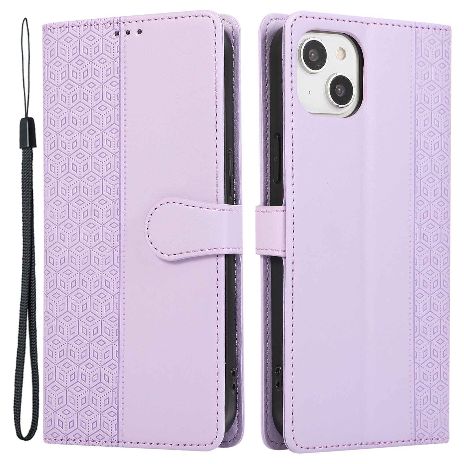 R20 for iPhone 15 Case Splicing Imprinted Rhombus Anti-Scratch Leather Phone Cover