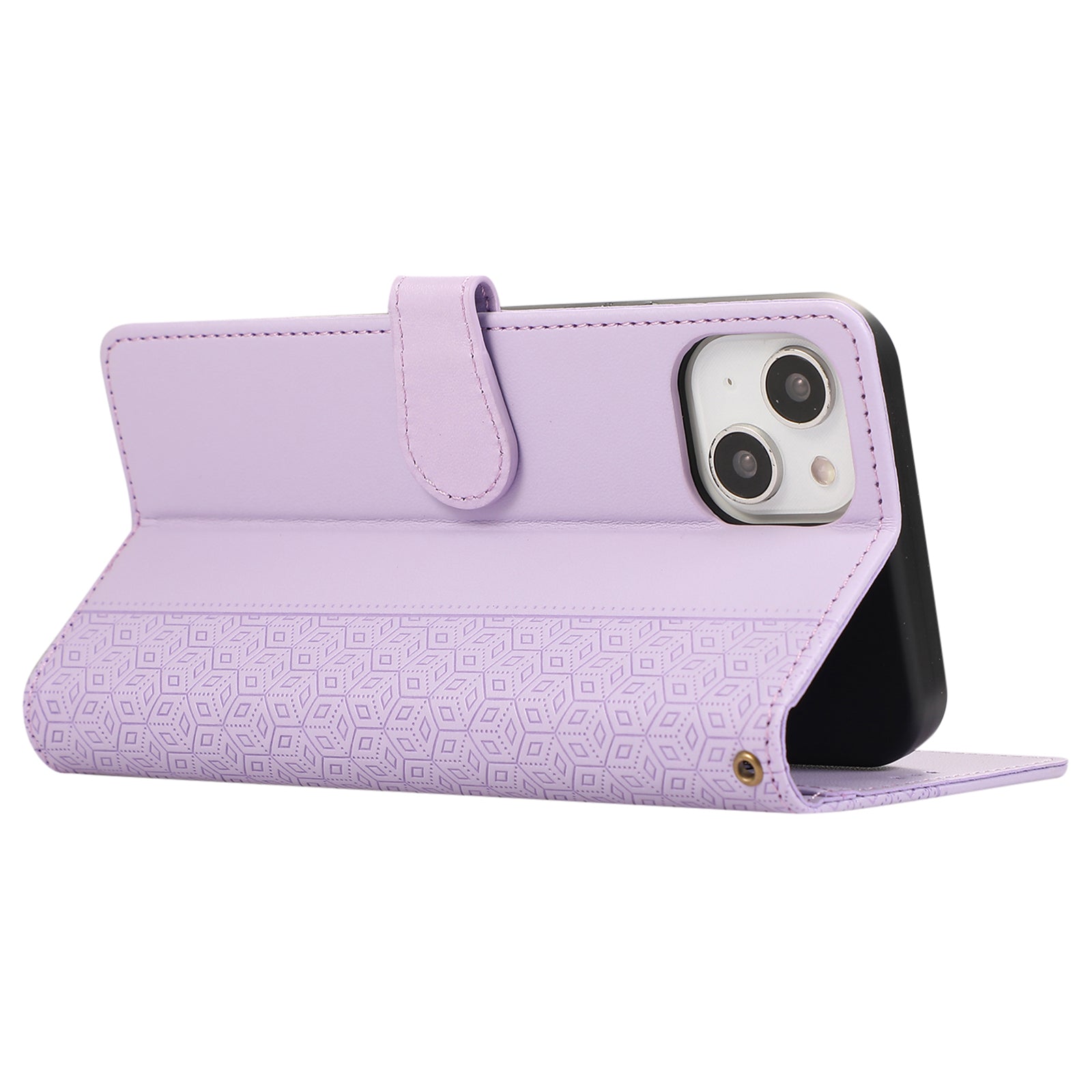R20 for iPhone 14 Plus Wallet Case PU Leather Splicing Rhombus Cell Phone Cover