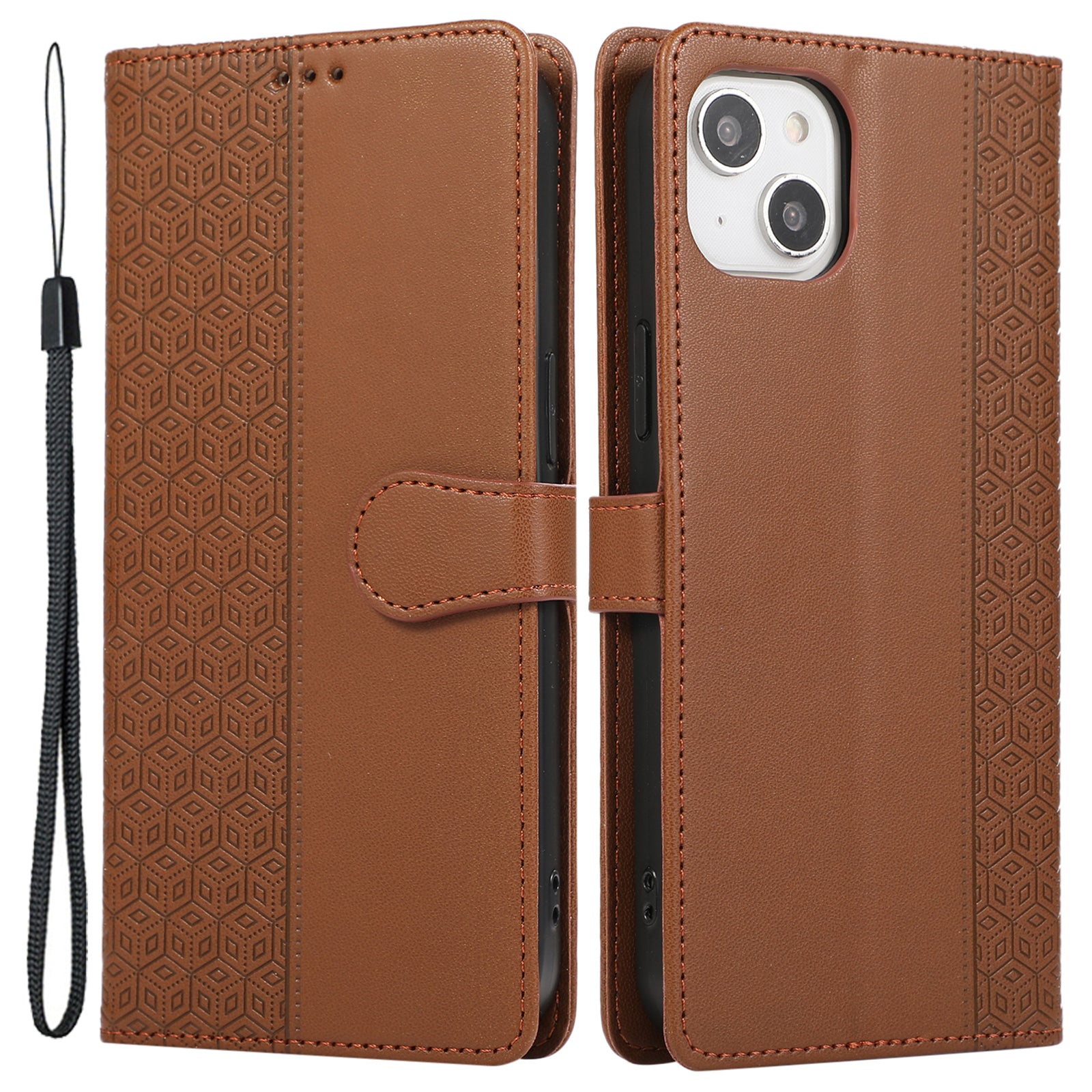 R20 for iPhone 14 Plus Wallet Case PU Leather Splicing Rhombus Cell Phone Cover