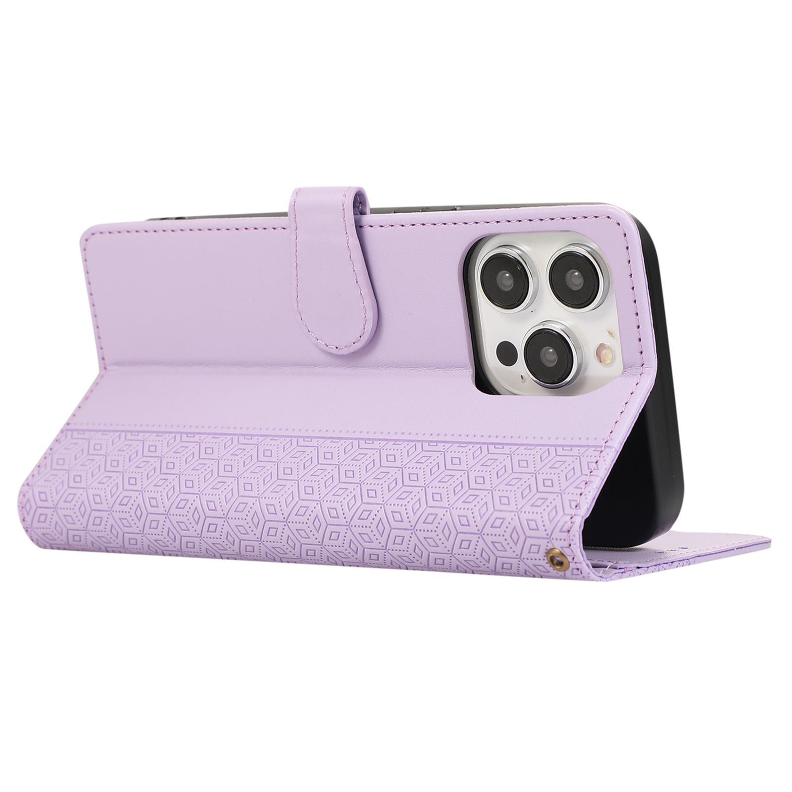 R20 for iPhone 14 Pro Max Case Splicing Imprinted Rhombus Anti-scratch Leather Phone Cover