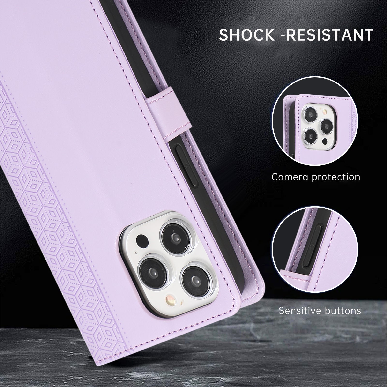 R20 for iPhone 14 Pro Max Case Splicing Imprinted Rhombus Anti-scratch Leather Phone Cover
