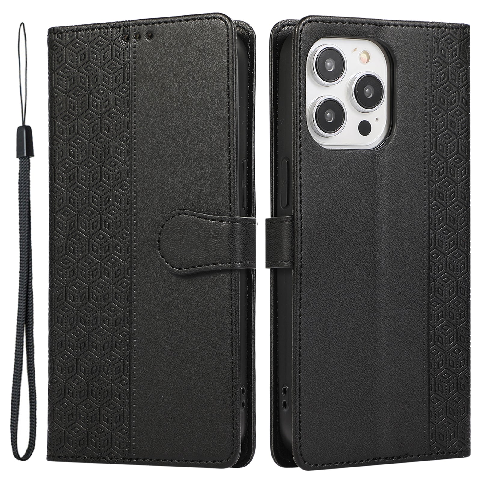 R20 for iPhone 14 Pro Max Case Splicing Imprinted Rhombus Anti-scratch Leather Phone Cover