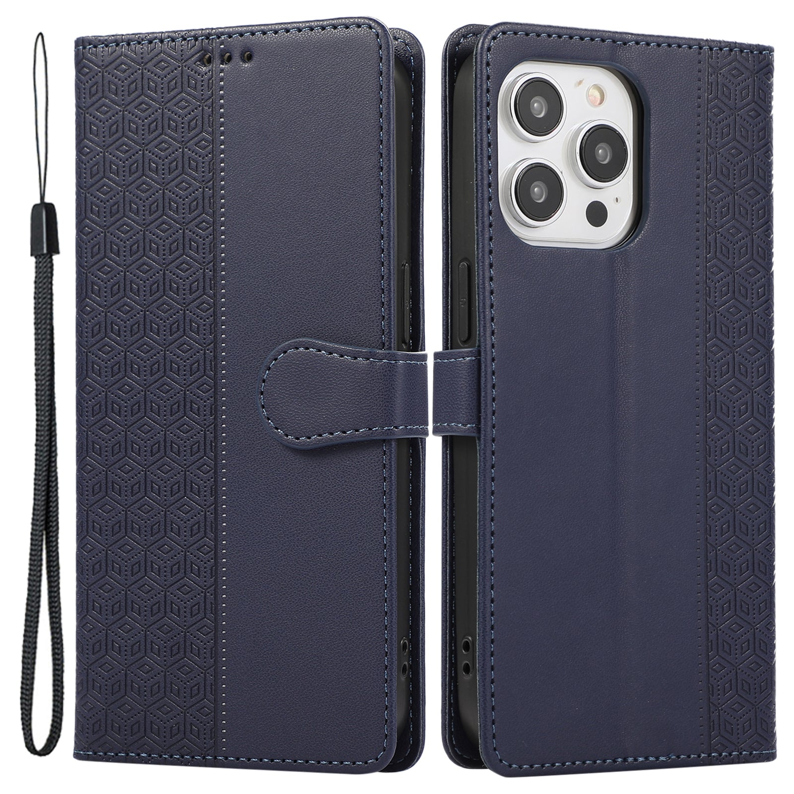 R20 for iPhone 14 Pro Max Case Splicing Imprinted Rhombus Anti-scratch Leather Phone Cover