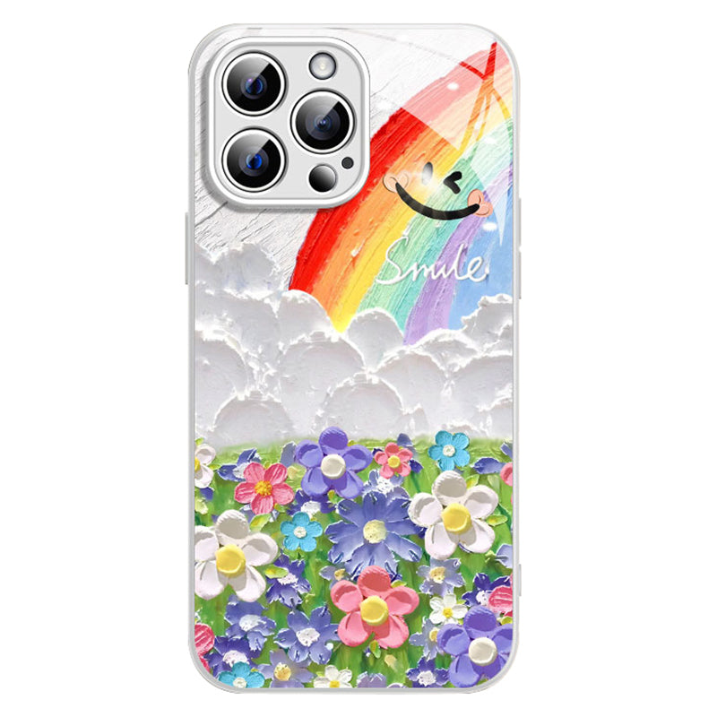 For iPhone 14 Pro Max Case Smile Rainbow Pattern TPU+Tempered Glass Floral Phone Cover
