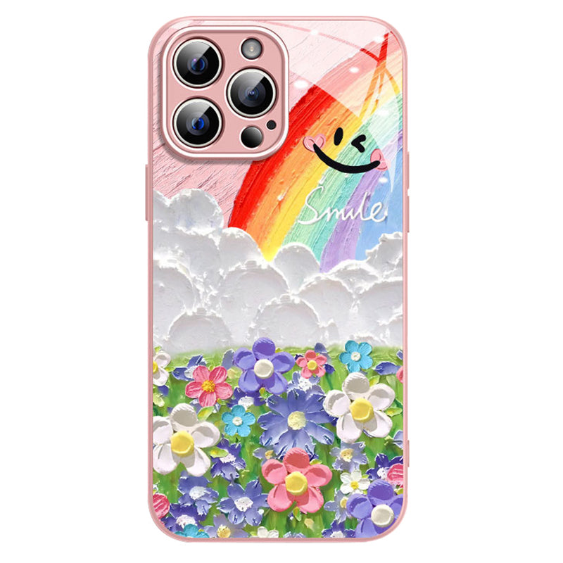 For iPhone 14 Pro Max Case Smile Rainbow Pattern TPU+Tempered Glass Floral Phone Cover